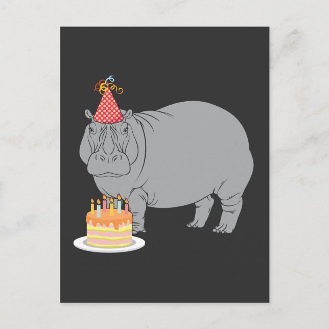 Happy Birthday Hippo Zoo Animal Party Hat Cake Postkarte (Vorderseite)