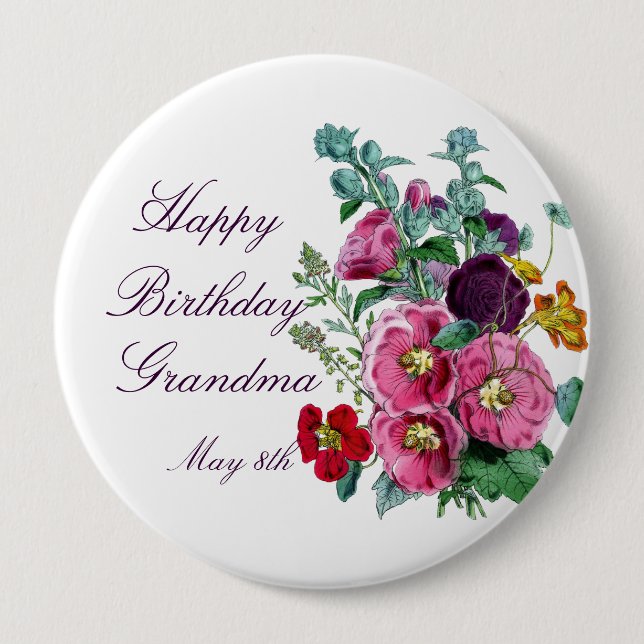 Happy Birthday Hollyhocks Button (Vorderseite)