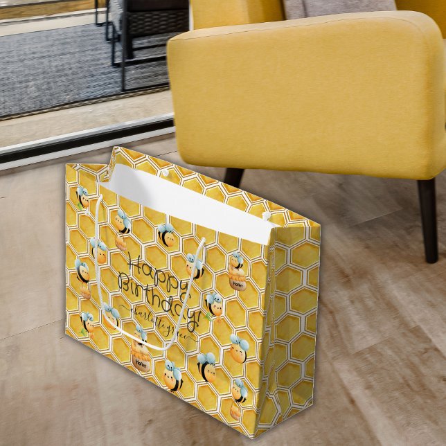 Happy Birthday Honeycomb und Bienen mit Namen Große Geschenktüte (Von Creator hochgeladen)