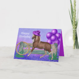 Happy Birthday Horse mit Lila Hut und Balloons Karte