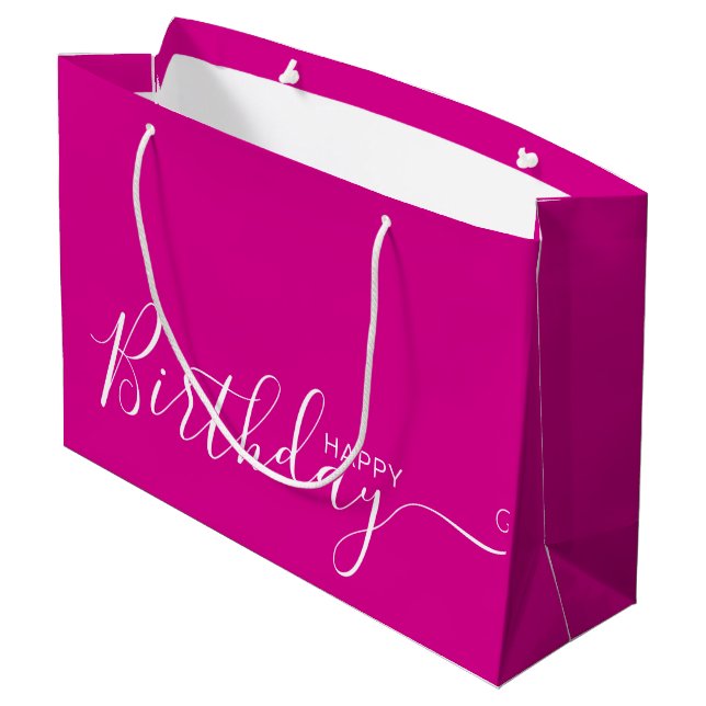 Happy Birthday Hot Pink White Elegant  Große Geschenktüte (Rückseite Schrägansicht)