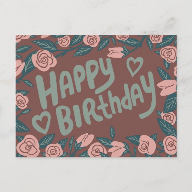 HAPPY BIRTHDAY Hübsch rosa Rosenrahmen benutzerdef Postkarte (Vorderseite)