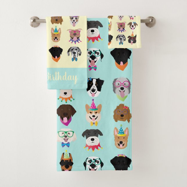 Happy Birthday Hund Faces Pawty Animals Badhandtuch Set (Insitu)