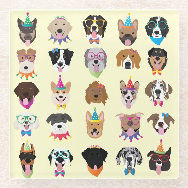 Happy Birthday Hund Faces Pawty Animals Glasuntersetzer (Vorderseite)
