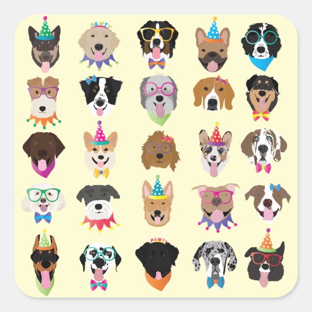 Happy Birthday Hund Faces Pawty Animals Quadratischer Aufkleber (Vorderseite)