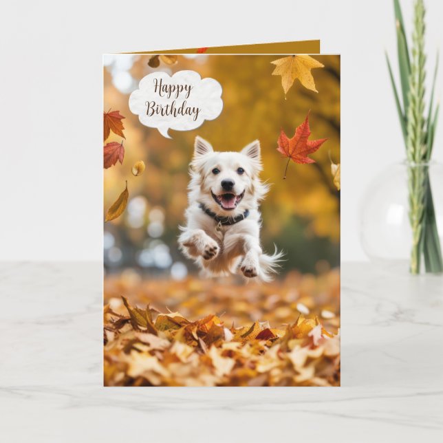 Happy Birthday Hund in Herbstlauben Karte (Vorderseite)