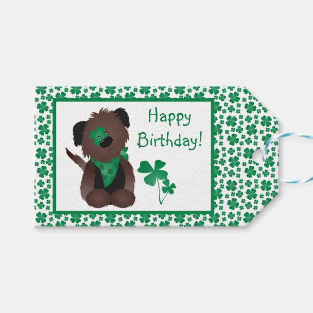 Happy Birthday Hund Kleeblatt Grün Geschenkanhänger (Vorderseite (Horizontal))