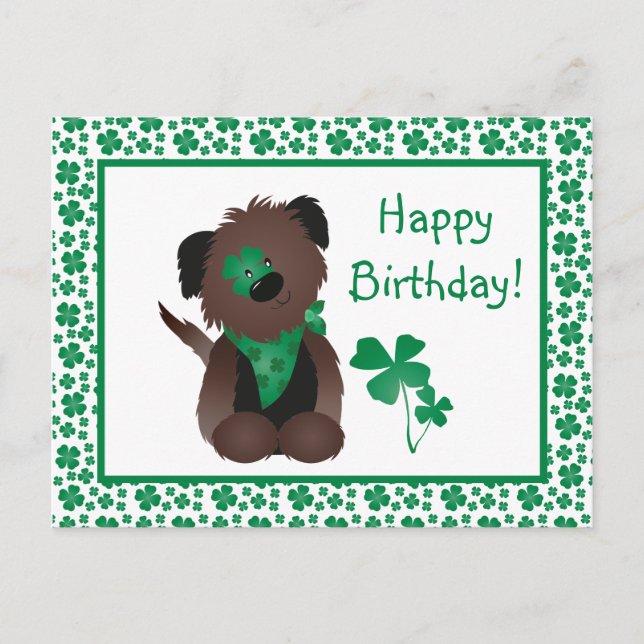 Happy Birthday Hund Kleeblatt Grün Postkarte (Vorderseite)