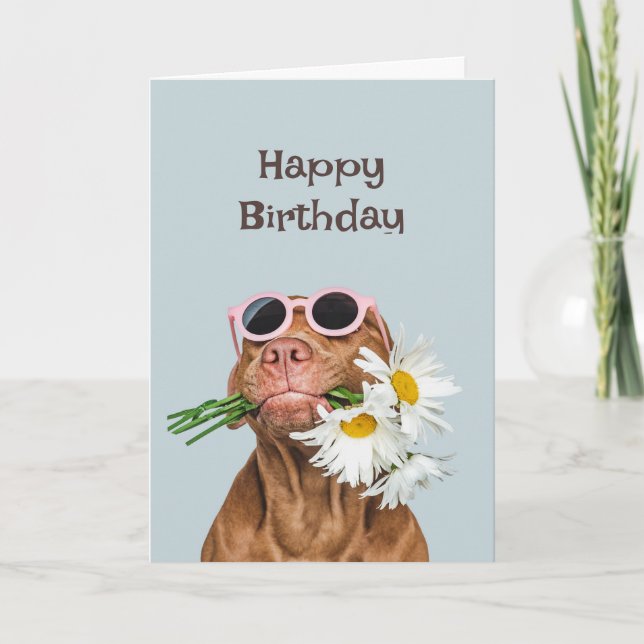 Happy Birthday Hund mit Blume Spaß Tier Karte (Vorderseite)