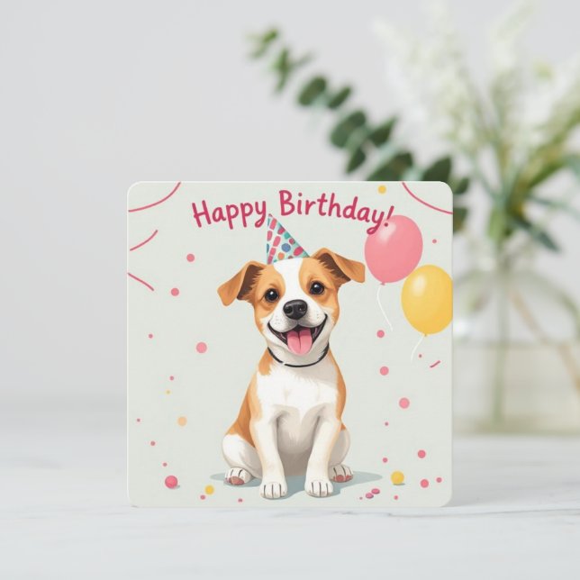 Happy Birthday Hund mit Party Hat & Balloons Karte (Stehend Vorderseite)
