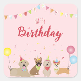 Happy Birthday Hund Party Quadratischer Aufkleber