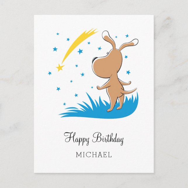 Happy Birthday Hund Welpe Shooting Star Starlit Postkarte (Vorderseite)