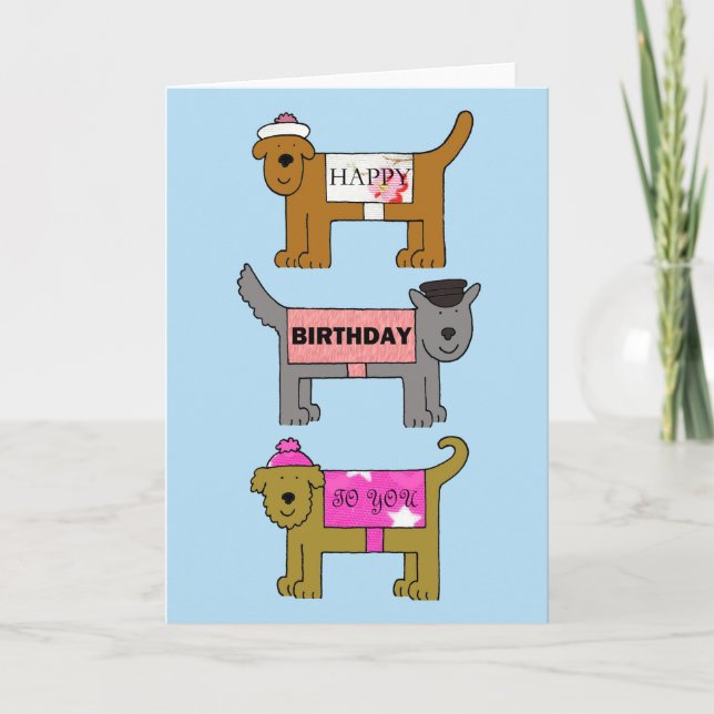 Happy Birthday Hunde in Clothes Karte (Vorderseite)