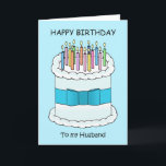 Happy Birthday Husband Cake und Candles Karte<br><div class="desc">Ein Cartoon eines großen,  weißen Geburtstagskuchens mit einem blauen Bogen um ihn herum und vielen hellen Kerzen darüber. Das Bild wird von den Worten "Zum Geburtstag glücklich zu meinem Mann" begleitet.</div>