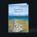 Happy Birthday Husband Lake Zen Rocks Karte<br><div class="desc">"Happy Birthday to the man I love" greeting card decorated with a mountain lake with zen zen rocks stacked on the beach painted in watercolor. Inspirred by a early spring scene from Lake Tahoe south shore. You can edit the message to fit your needs.</div>