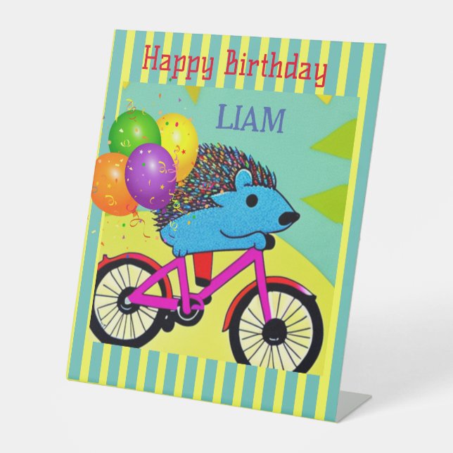 Happy Birthday Igel Reiten Bicycle Balloons Sockelschild (Vorderseite)