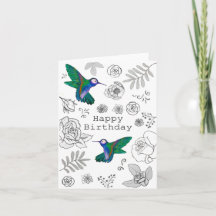 Happy Birthday Illustriert Floral Hummingbird Card