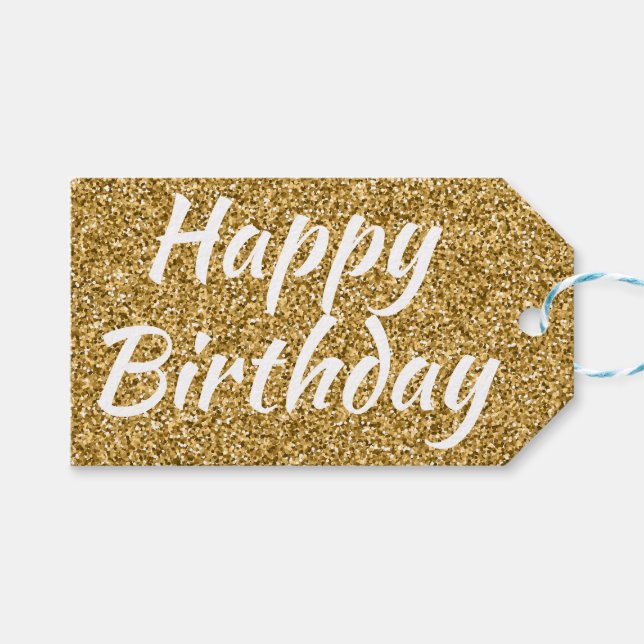 Happy Birthday Imitate Gold Glitzer Geschenkanhänger (Vorderseite (Horizontal))