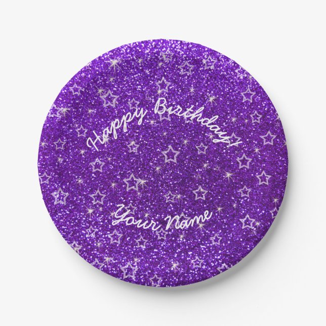 Happy Birthday Indigo lila Glitzer Stars Pappteller (Vorderseite)