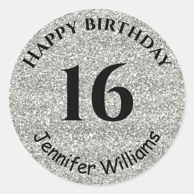 Happy Birthday Individuelle Name Age Year Silver G Runder Aufkleber (Vorderseite)