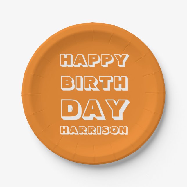 Happy Birthday Individuelle Name orange Pappteller (Vorderseite)