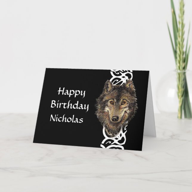 Happy Birthday Individuelle Name Wild Gray Wolf He Karte (Vorderseite)