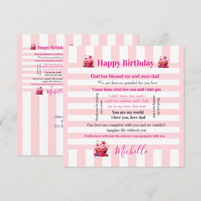 Happy Birthday Invitation Pink & White Stripe Einladung (Vorne/Hinten)