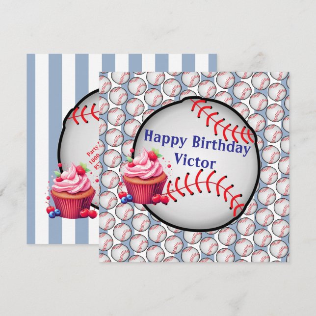 Happy Birthday Invitation Stripe Blue Baseball Einladung (Vorne/Hinten)