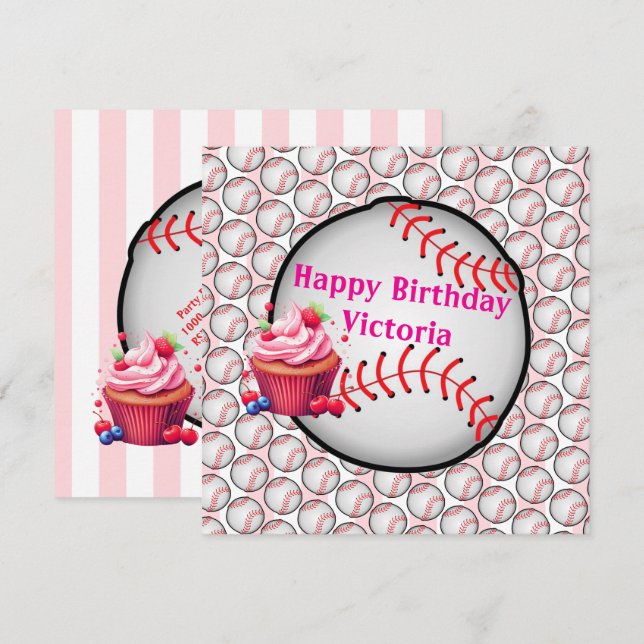 Happy Birthday Invitation Stripe Pink Baseball (Devant / Derrière)