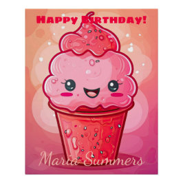 Happy Birthday Italienische Eiscreme Kawaii Cartoo Poster