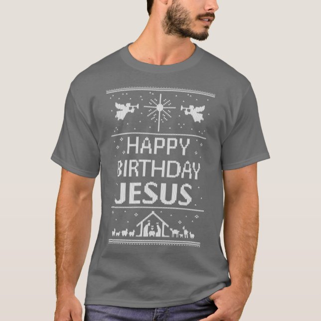 Happy Birthday Jesus Ugly Christmas Sweater Scandi T-Shirt (Vorderseite)