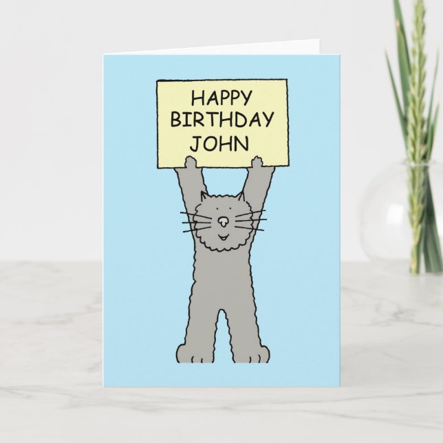 Happy Birthday John Cartoon Cat Karte (Vorderseite)