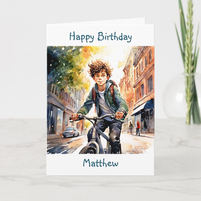 Happy Birthday | Junge auf dem Fahrrad in der Stad Karte (Vorderseite)