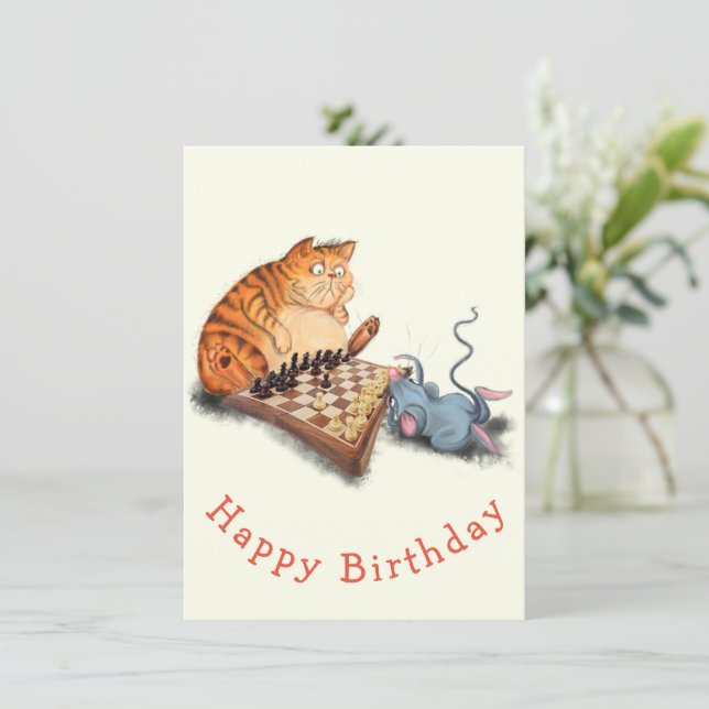 Happy Birthday - Katze und Maus Schach spielen Fun (Stehend Vorderseite)