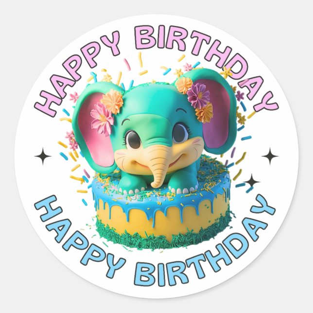 Happy Birthday Kawaii Elephant Runder Aufkleber (Vorderseite)