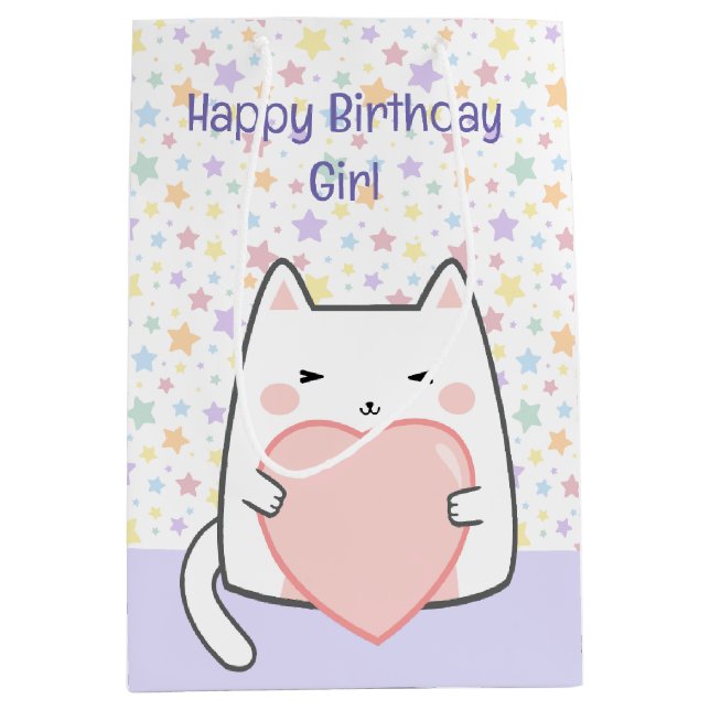 Happy Birthday Kawaii Katze mit Liebe Herz Mittlere Geschenktüte (Vorderseite)