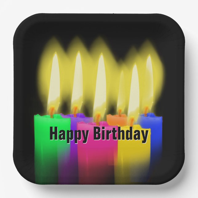 Happy Birthday Kerzen auf schwarz Pappteller (Vorderseite)