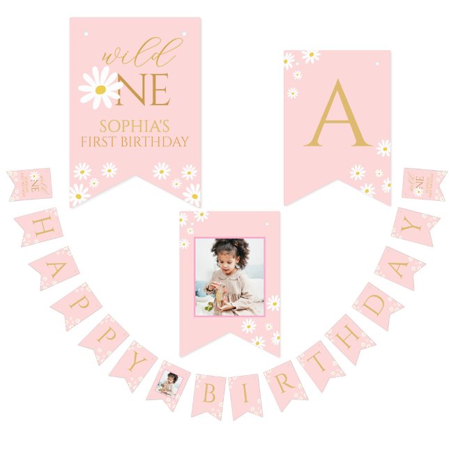 Happy Birthday Kids boho daisy Cute Pink  Wimpelkette (Von Creator hochgeladen)