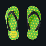 Happy Birthday Kids Flip Flops (Neon Green)<br><div class="desc">Alles Gute zum Geburtstag...  im Vintagen Stil...  Neongrüner Hintergrund mit neongelben Polka-Punkten...  neongelber Mittelkreis mit neongrüner Schrift...  grüne Akzente...  Eine tolle Geschenkidee...  geeignet zum Geburtstag... . und ein Sommer,  der für Outdoor-Spaß unverzichtbar ist...  perfekt für ein Geburtstagsschwimmbad Party... </div>