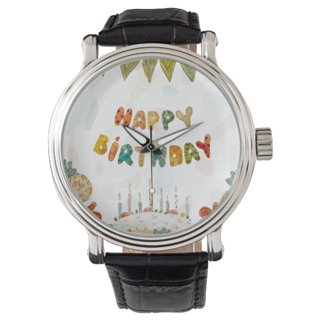 Happy Birthday Kuchen Blume niedliche farbenfroh Armbanduhr (Vorderseite)