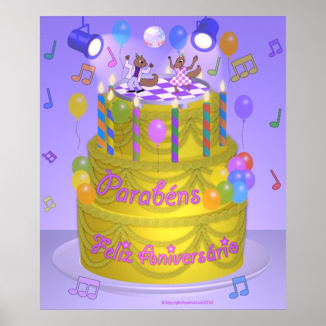 "Happy Birthday"-Kuchen (Portugiesisch) Poster (Vorne)