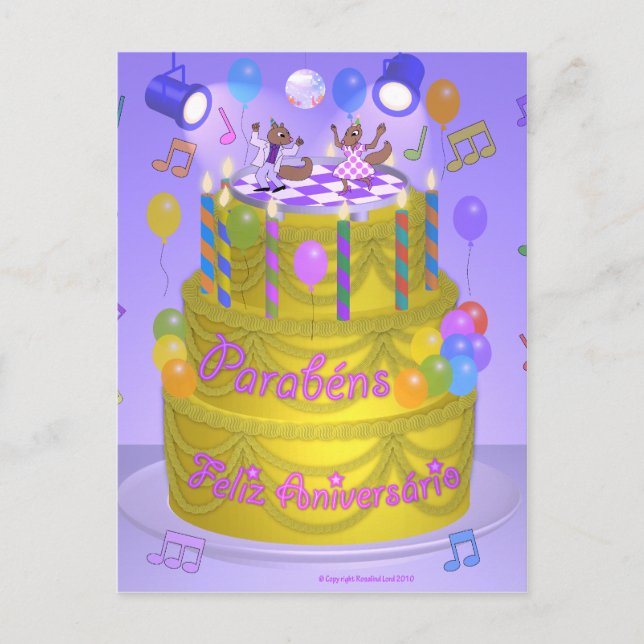 "Happy Birthday"-Kuchen (Portugiesisch) Postkarte (Vorderseite)
