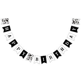 Happy Birthday Kuh Print Schwarz und Weiß Wimpelkette