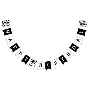Happy Birthday Kuh Print Schwarz und Weiß Wimpelkette