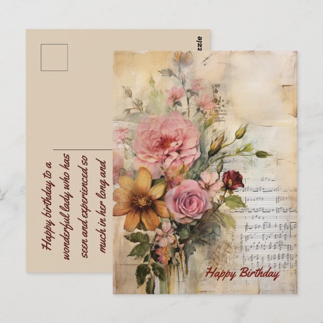 Happy Birthday Lady Grunge Floral 17 Postkarte (Vorne/Hinten)