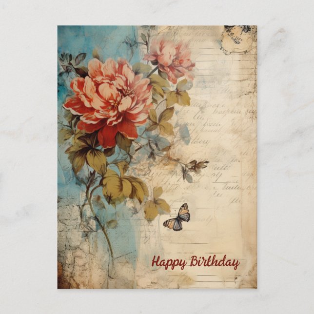 Happy Birthday Lady Grunge Floral 20 Postkarte (Vorderseite)