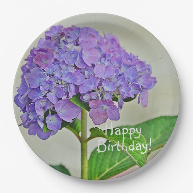 Happy Birthday Lavender Hydrangea Pappteller (Vorderseite)