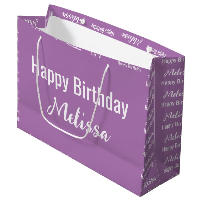 Happy Birthday Lavender und White Name Muster Große Geschenktüte (Vorderseite Schrägansicht)