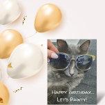 "happy birthday let's pawty" funny cat photo chic postkarte<br><div class="desc">funny card, cute Birthday Wish For Cat Lovers with cat photo in the background, custom</div>