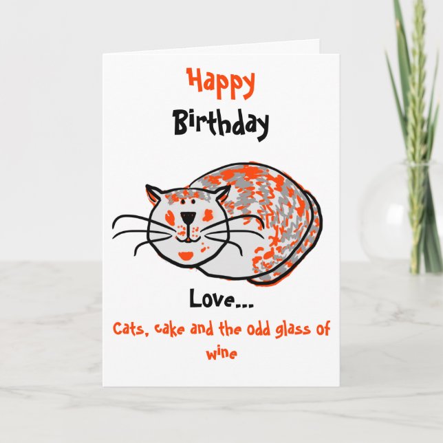 Happy Birthday Liebe Katzen, Kuchen & Wein Karte (Vorderseite)